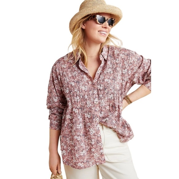 Anthropologie Pilcro Pink Floral Sasha Smocked Button Down Shirt Blouse S - Picture 3 of 15